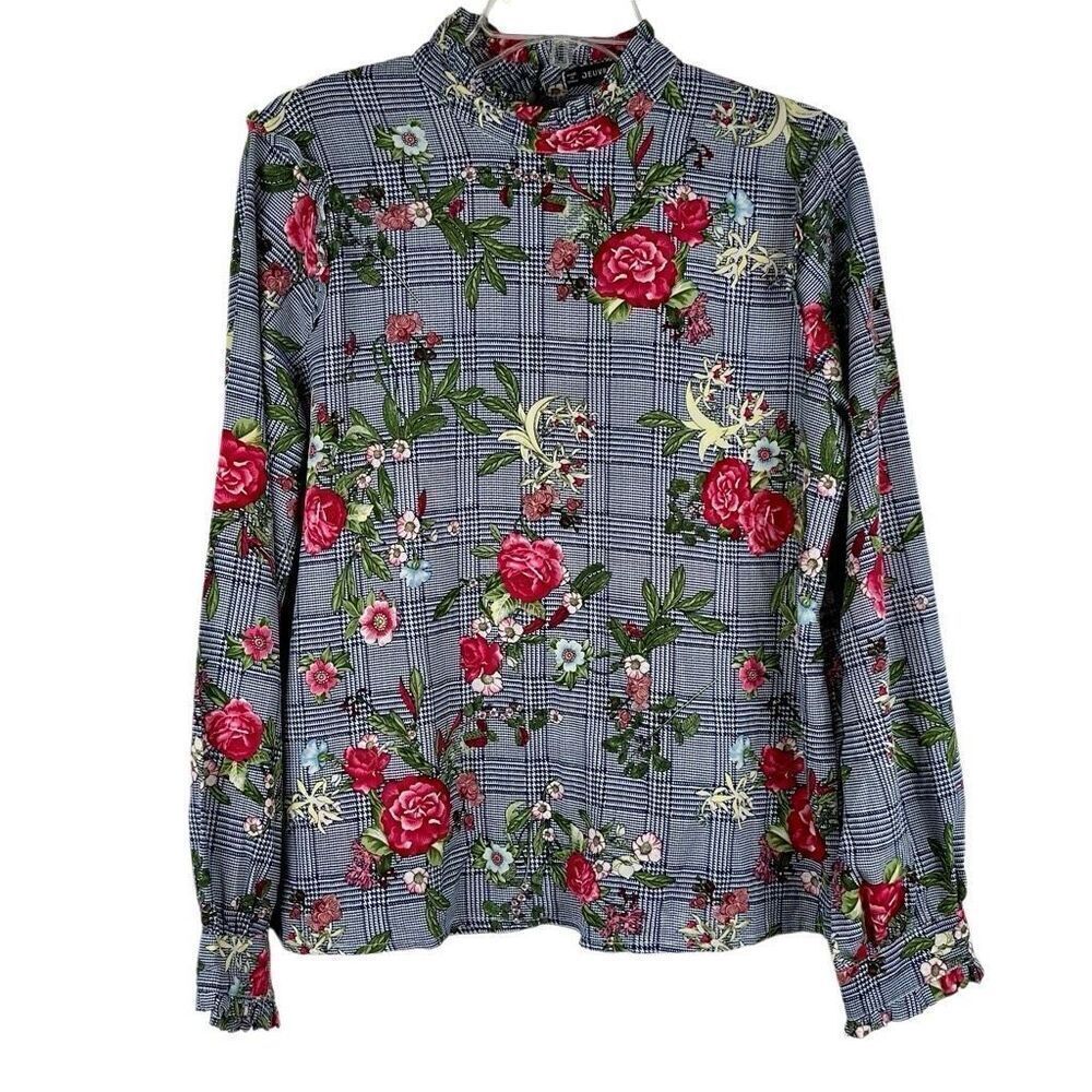Jeuvre Floral Ruffle Plaid Mock Turtleneck Long Sleeve Blouse Medium